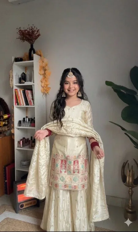 St D No 161 Chinon Silk Embroidered Kids Girls Designer Salwar Suit